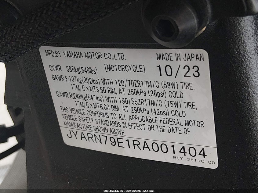 2024 Yamaha Mtn1000 VIN: JYARN79E1RA001404 Lot: 45344736