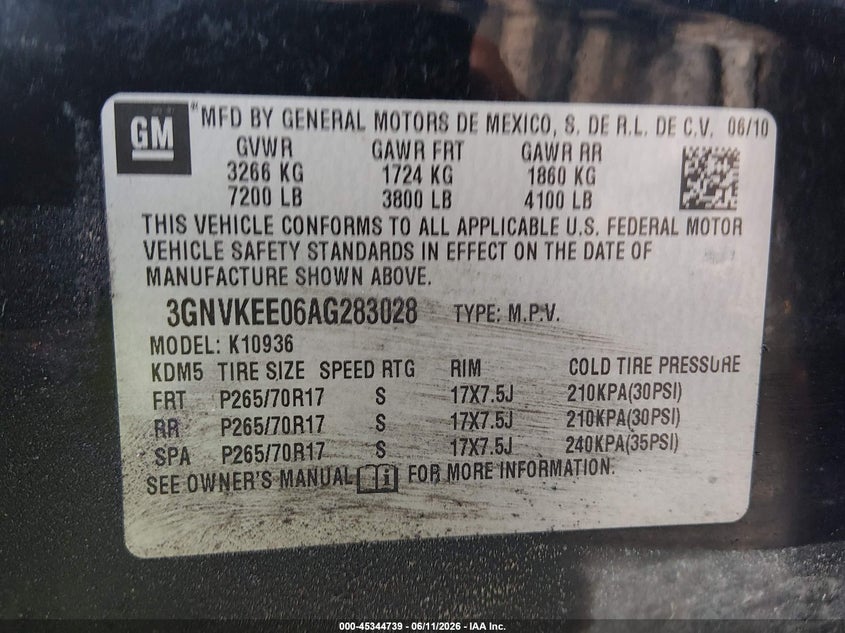 2010 Chevrolet Avalanche 1500 Ls VIN: 3GNVKEE06AG283028 Lot: 45344739