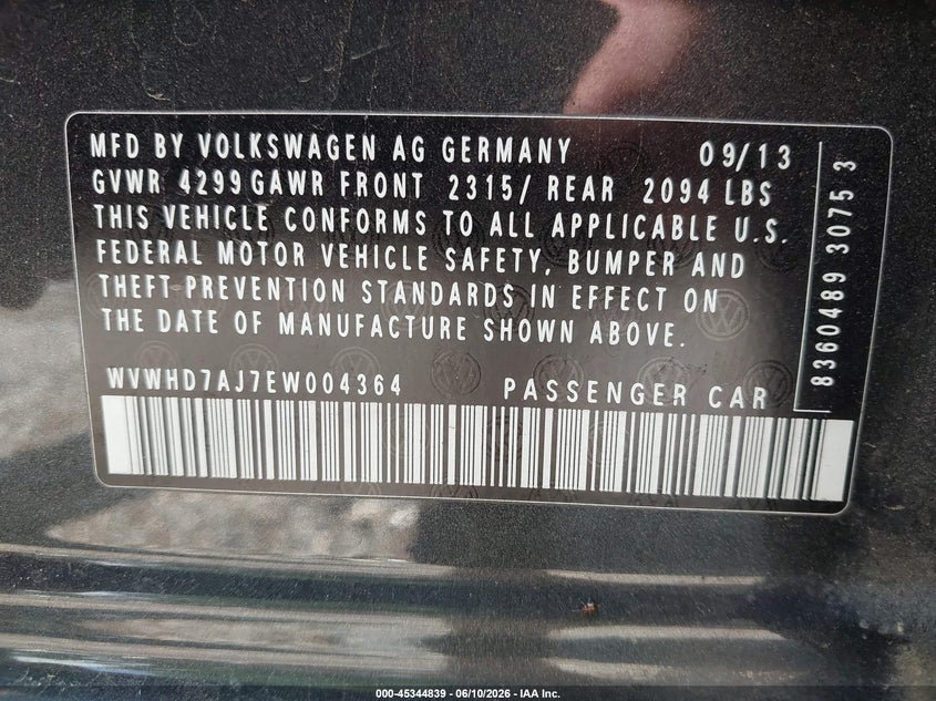 2014 Volkswagen Gti Wolfsburg Edition VIN: WVWHD7AJ7EW004364 Lot: 45344839