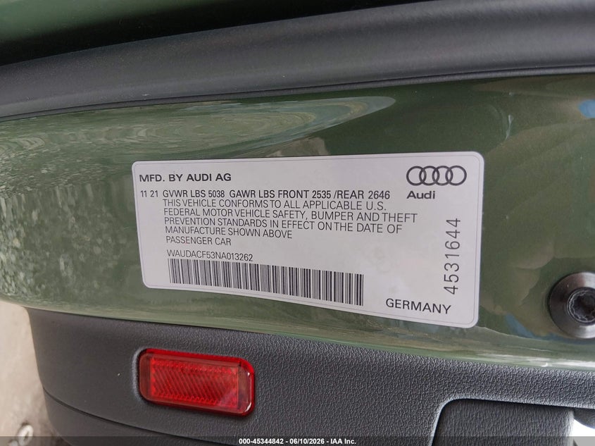 2022 Audi A5 Sportback Premium 45 Tfsi S Line Quattro S Tronic VIN: WAUDACF53NA013262 Lot: 45344842