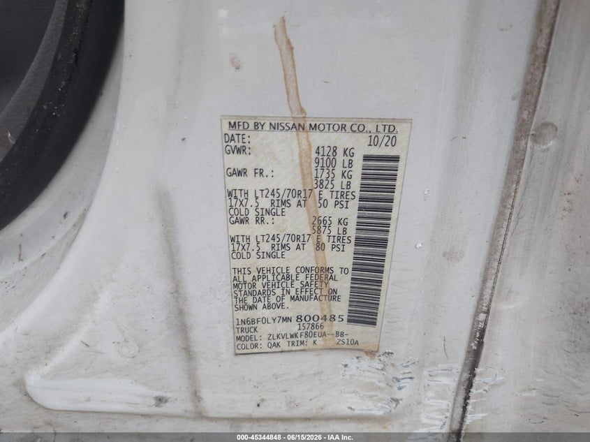 2021 Nissan Nv Cargo Nv2500 Hd S High Roof V6 VIN: 1N6BF0LY7MN800485 Lot: 45344848