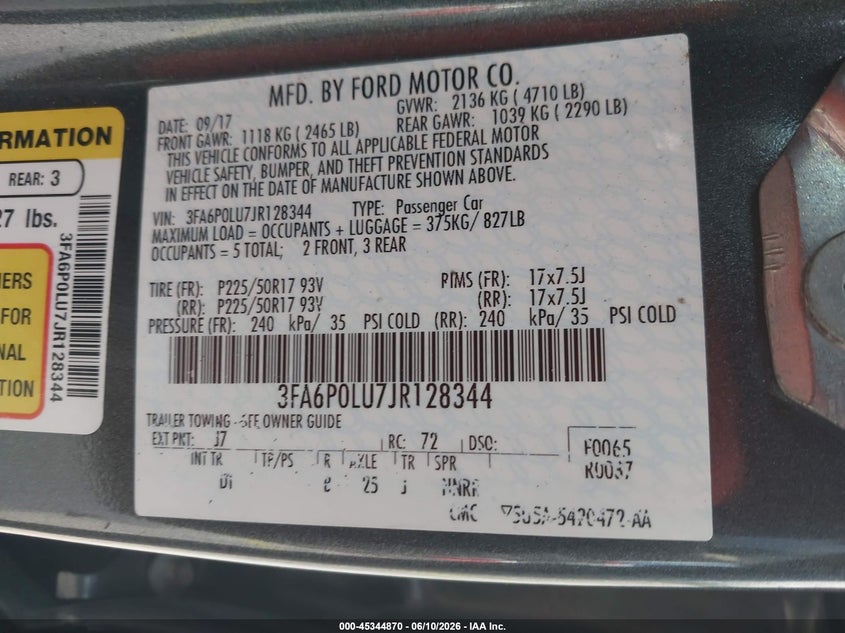 2018 FORD FUSION SEDAN 2.0L I-4 DOHC, VVT, 141HP