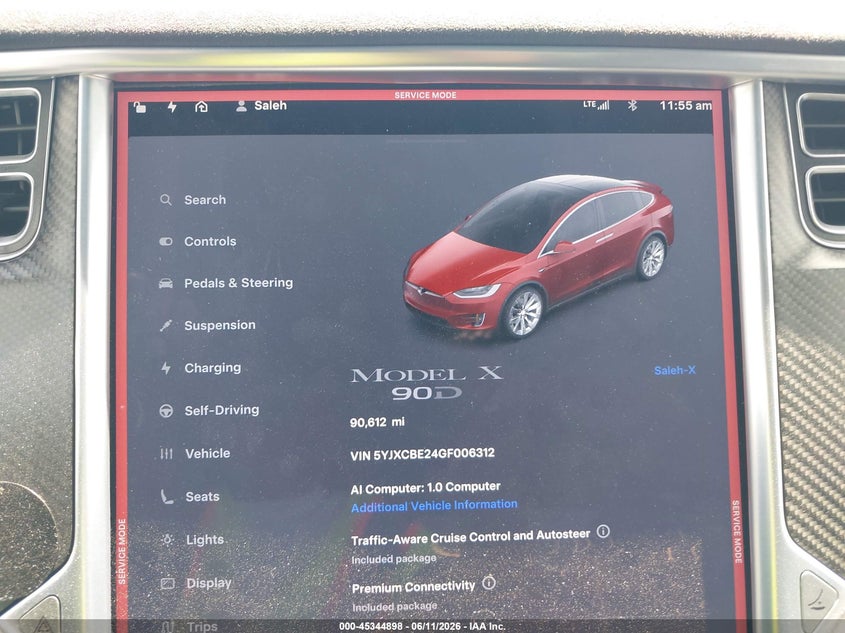 2016 Tesla Model X 60D/70D/75D/90D/P100D VIN: 5YJXCBE24GF006312 Lot: 45344898