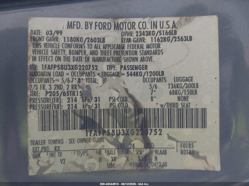 1999 FORD TAURUS WAGON 3.0L V-6 145HP