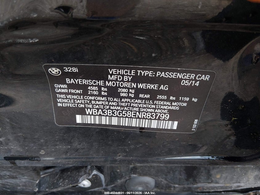BMW 328I 2014 VIN WBA3B3G58ENR83799