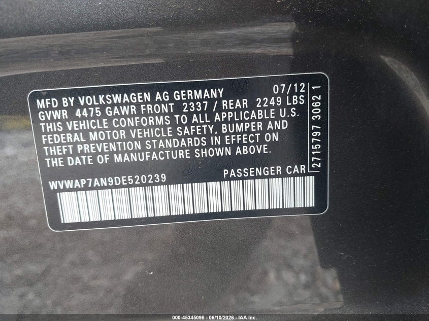 2013 Volkswagen Cc 2.0T Sport VIN: WVWAP7AN9DE520239 Lot: 45345098