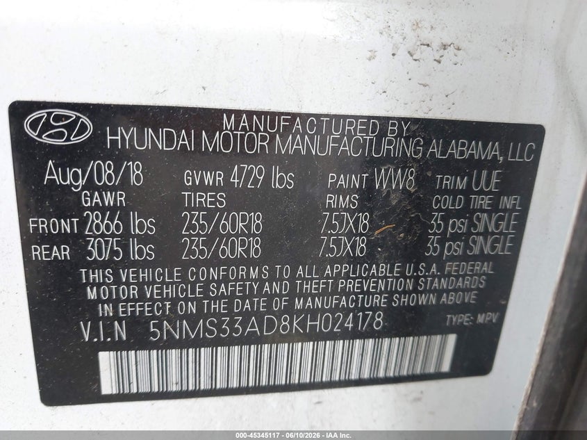 2019 HYUNDAI SANTA FE SPORT UTILITY VEHICLE 2.4L 4