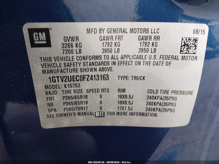 2015 GMC Sierra 1500 Sle VIN: 1GTV2UEC0FZ413163 Lot: 45345126