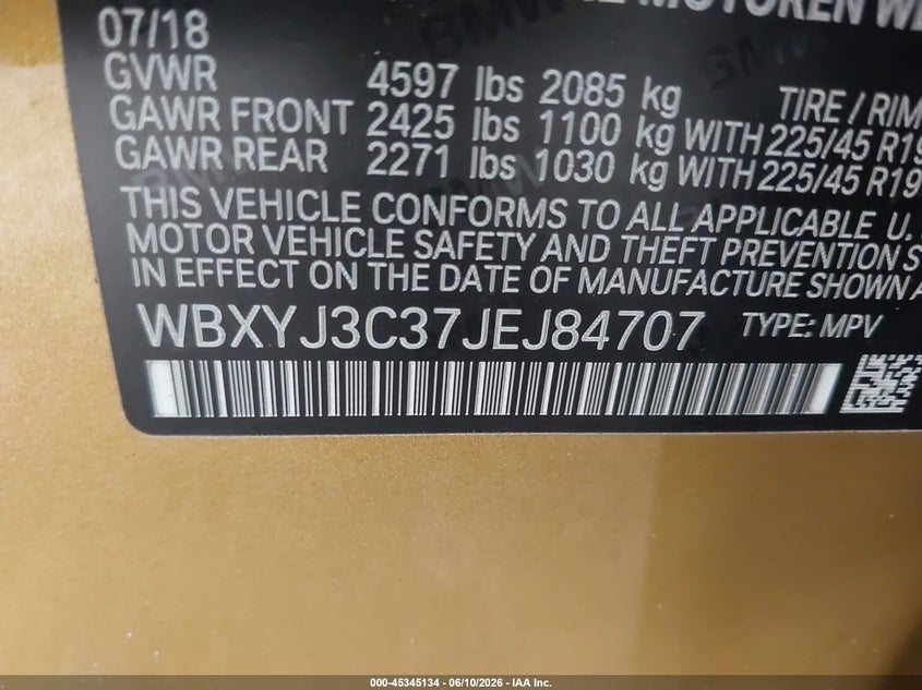 2018 BMW X2 Sdrive28I VIN: WBXYJ3C37JEJ84707 Lot: 45345134