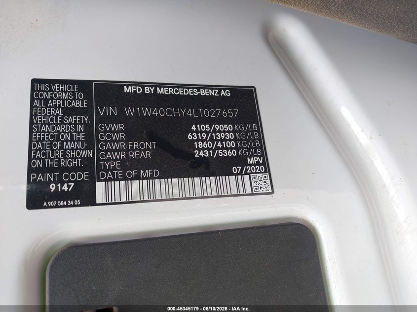2020 Mercedes-Benz Sprinter 2500 High Roof I4 VIN: W1W40CHY4LT027657 Lot: 45345179
