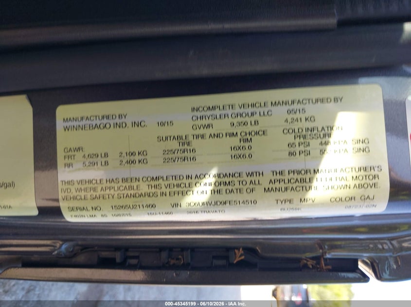 2015 Ram Promaster 3500 High Roof VIN: 3C6URVJD9FE514510 Lot: 45345199