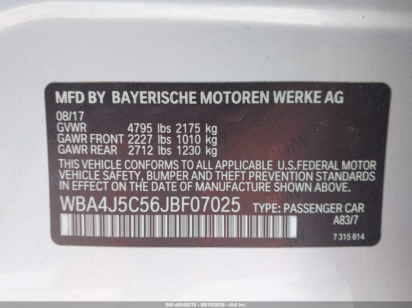 2018 BMW 440I Gran Coupe VIN: WBA4J5C56JBF07025 Lot: 45345218