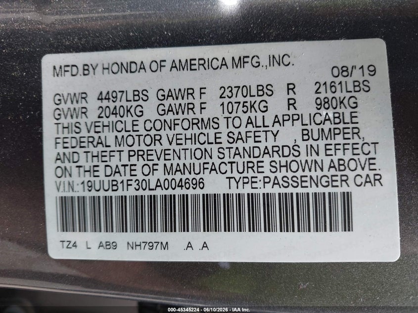 2020 Acura Tlx Standard VIN: 19UUB1F30LA004696 Lot: 45345224