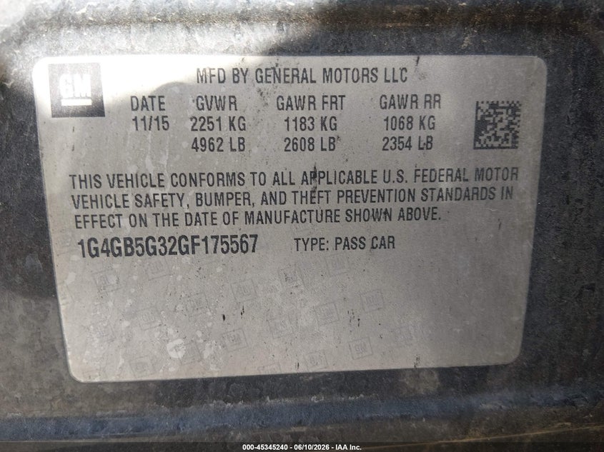 2016 Buick Lacrosse Leather VIN: 1G4GB5G32GF175567 Lot: 45345240