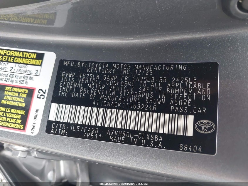 TOYOTA CAMRY 2026 VIN 4T1DAACK1TU692246