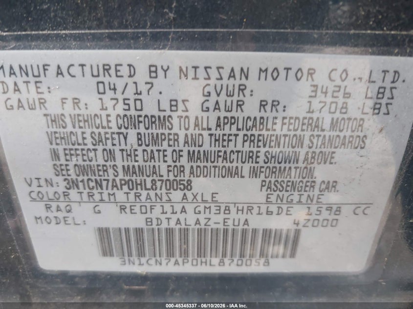 2017 Nissan Versa 1.6 S+ VIN: 3N1CN7AP0HL870058 Lot: 45345337