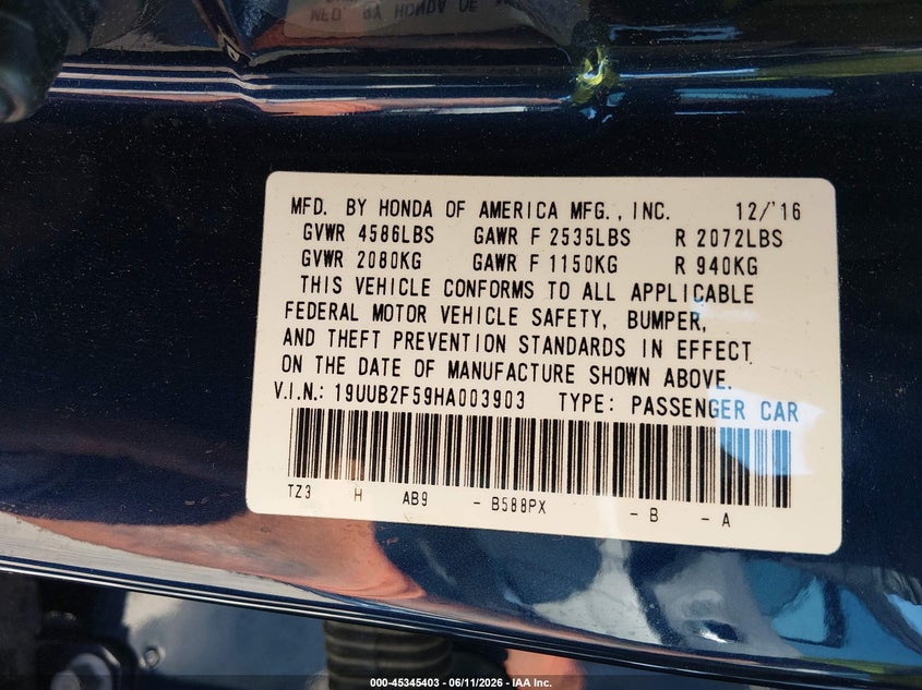 2017 Acura Tlx Technology Package VIN: 19UUB2F59HA003903 Lot: 45345403