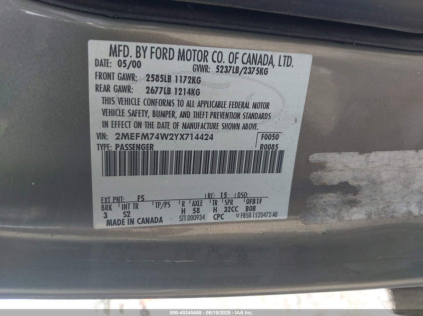 2000 Mercury Grand Marquis Gs VIN: 2MEFM74W2YX714424 Lot: 45345468