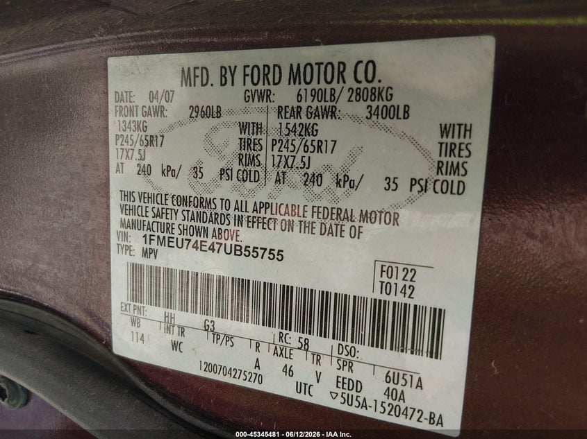 2007 Ford Explorer Eddie Bauer VIN: 1FMEU74E47UB55755 Lot: 45345481