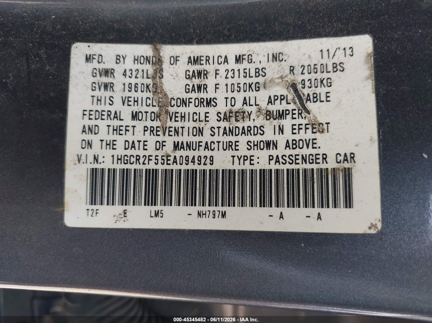 2014 HONDA ACCORD SEDAN 2.4L I-4 DI, DOHC, VVT, 189HP