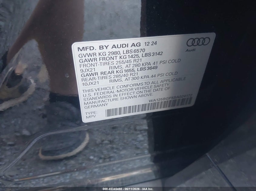 2025 Audi Sq6 E-Tron Premium Plus Quattro VIN: WA125BGF5SA024172 Lot: 45345488