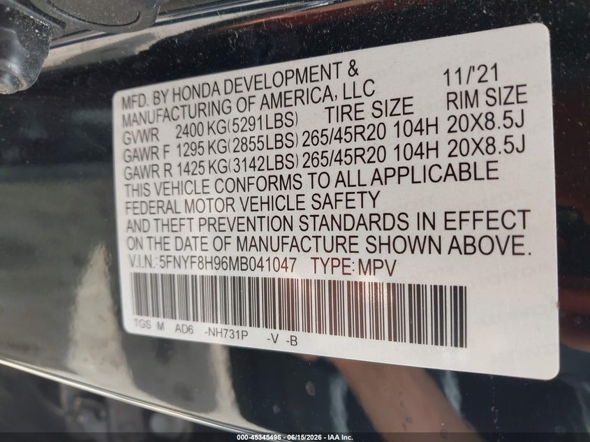 2021 Honda Passport Awd Touring VIN: 5FNYF8H96MB041047 Lot: 45345496