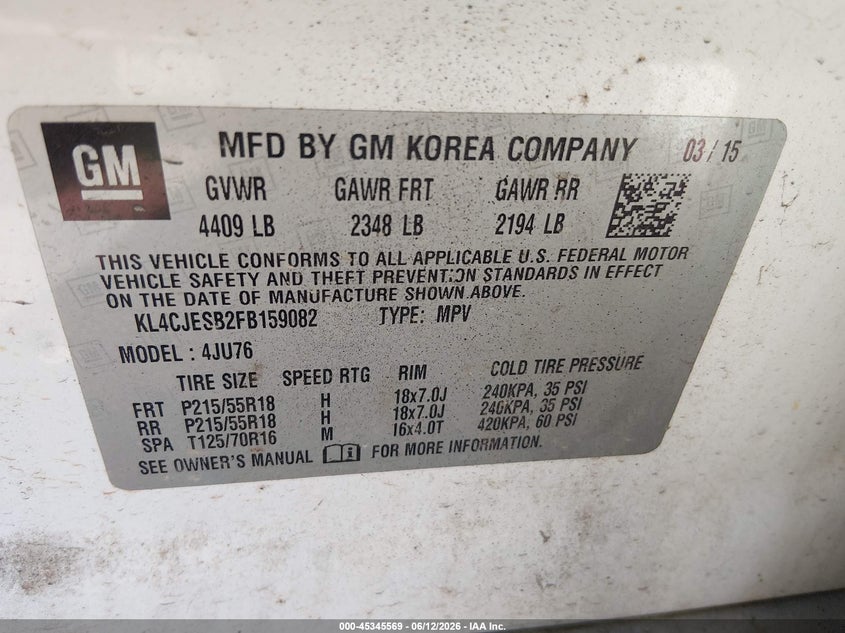 2015 Buick Encore VIN: KL4CJESB2FB159082 Lot: 45345569
