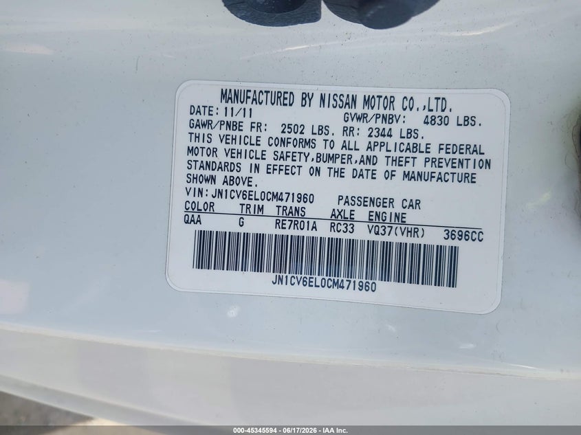 2012 Infiniti G37X VIN: JN1CV6EL0CM471960 Lot: 45345594