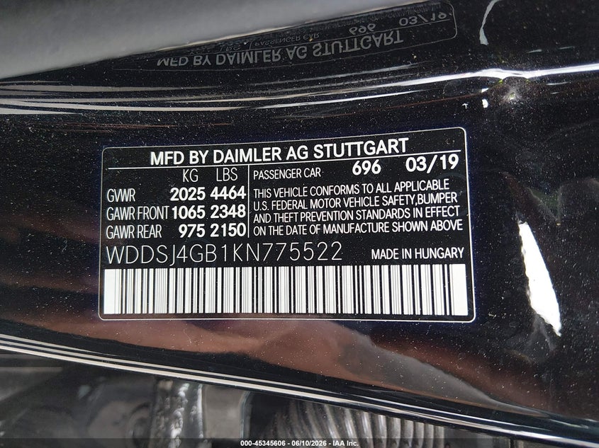 2019 Mercedes-Benz Cla 250 4Matic VIN: WDDSJ4GB1KN775522 Lot: 45345606