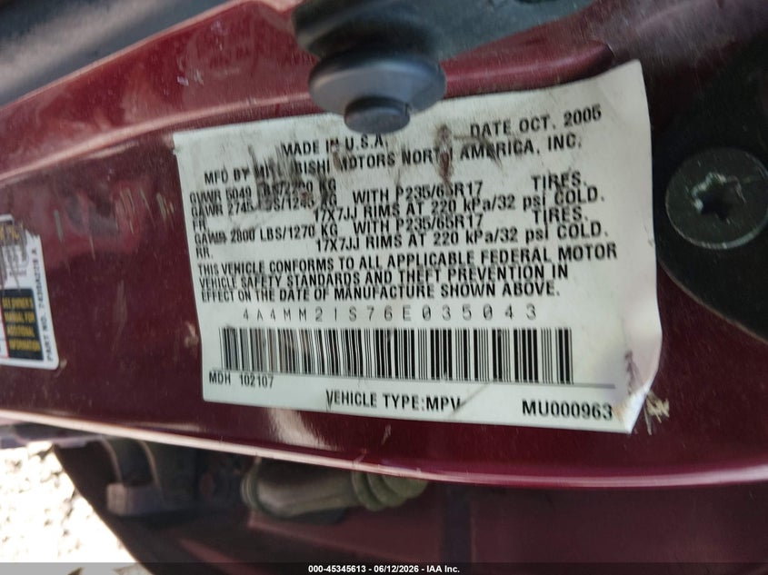 2006 Mitsubishi Endeavor Ls VIN: 4A4MM21S76E035043 Lot: 45345613