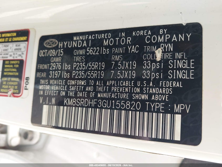 2016 Hyundai Santa Fe Se VIN: KM8SRDHF3GU155820 Lot: 45345655