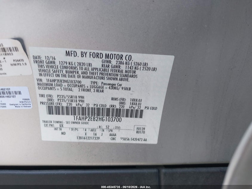 2017 Ford Taurus Sel VIN: 1FAHP2E82HG103700 Lot: 45345735