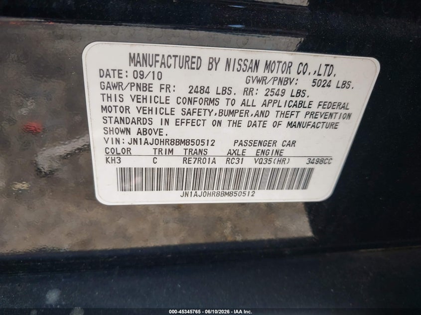 2011 Infiniti Ex35 Journey VIN: JN1AJ0HR8BM850512 Lot: 45345765