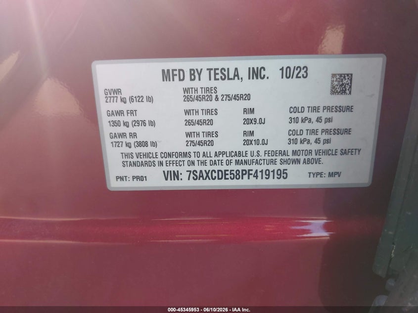 2023 Tesla Model X Dual Motor All-Wheel Drive/Standard Range VIN: 7SAXCDE58PF419195 Lot: 45345953