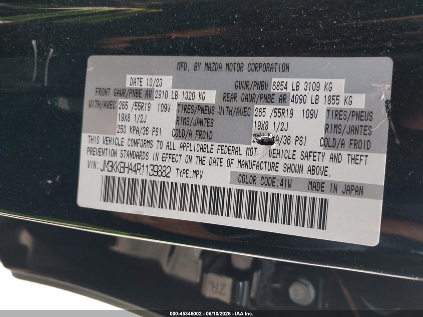 2024 Mazda Cx-90 Phev Preferred VIN: JM3KKBHA4R1139882 Lot: 45346002