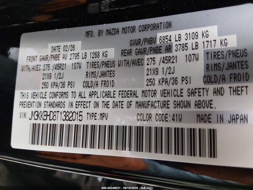 2026 Mazda Cx-90 3.3 Turbo Preferred VIN: JM3KKBHD8T1382015 Lot: 45346031