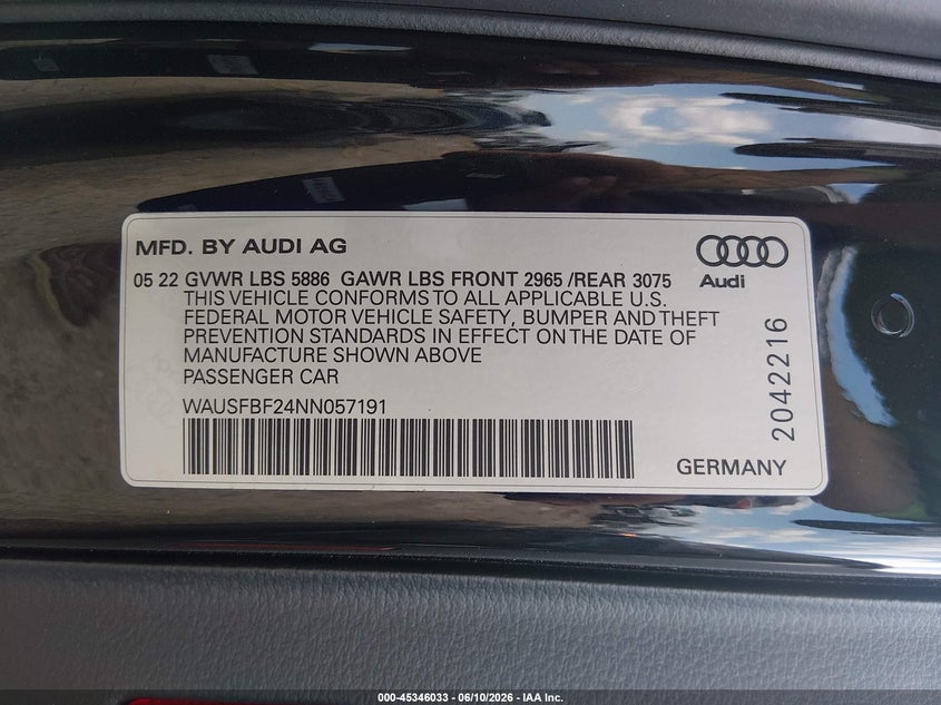 2022 Audi S7 Sportback Prestige Tfsi Quattro Tiptronic VIN: WAUSFBF24NN057191 Lot: 45346033