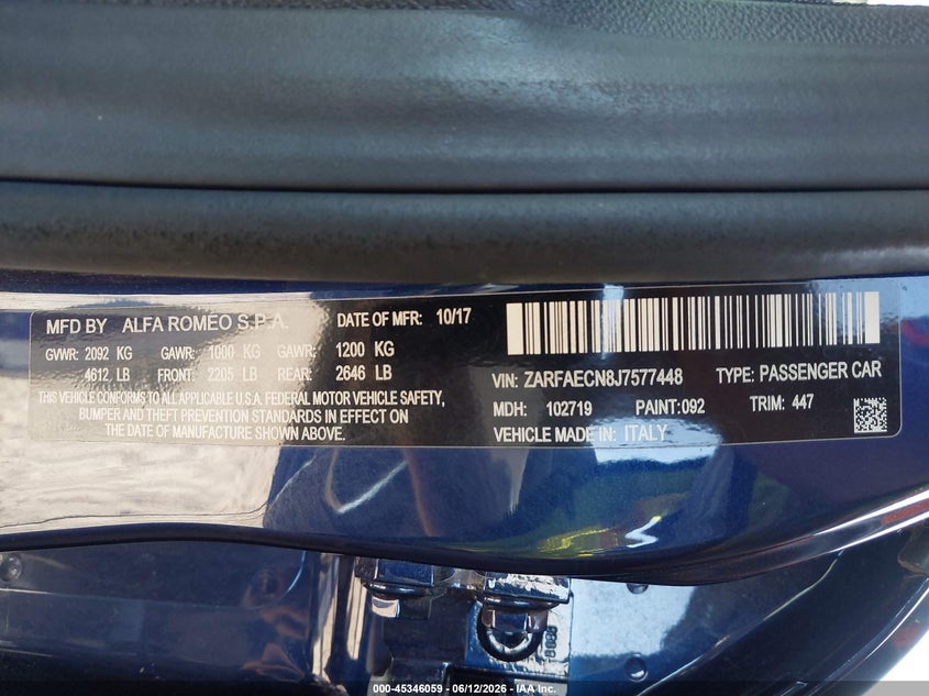 2018 Alfa Romeo Giulia Ti Sport VIN: ZARFAECN8J7577448 Lot: 45346059