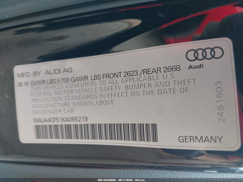 2019 Audi S5 3.0T Premium VIN: WAUA4CF51KA065219 Lot: 45346065