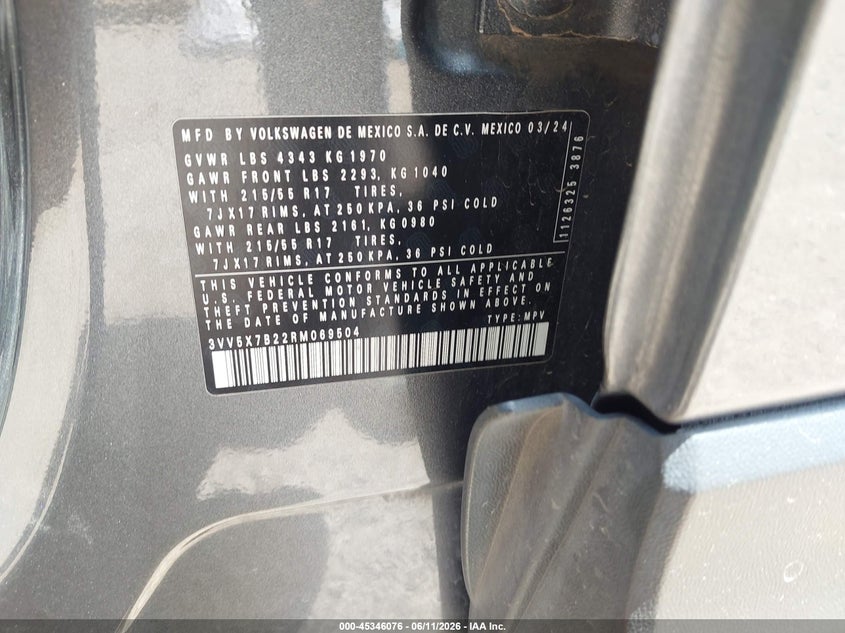 2024 Volkswagen Taos 1.5T S VIN: 3VV5X7B22RM069504 Lot: 45346076