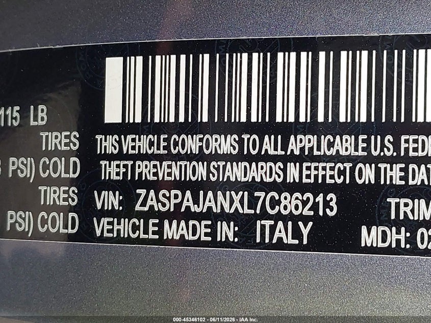2020 Alfa Romeo Stelvio Sport Rwd VIN: ZASPAJANXL7C86213 Lot: 45346102