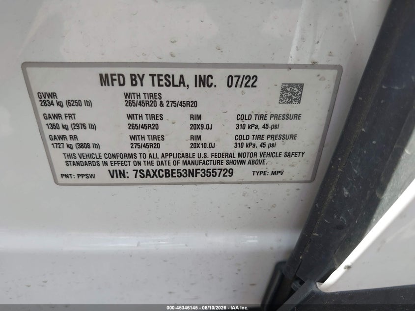 2022 Tesla Model X Dual Motor All-Wheel Drive VIN: 7SAXCBE53NF355729 Lot: 45346145