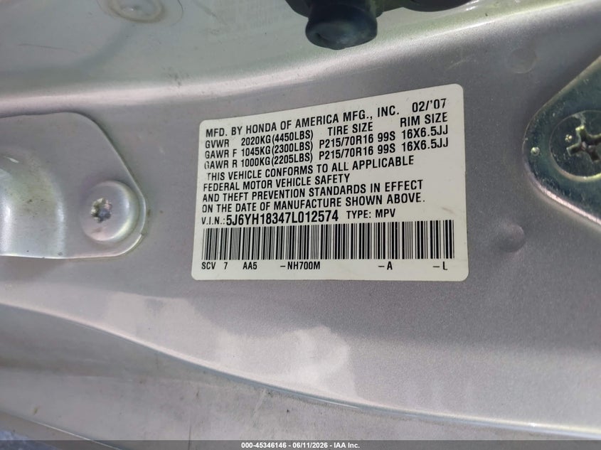 2007 Honda Element Lx VIN: 5J6YH18347L01257 Lot: 45346146
