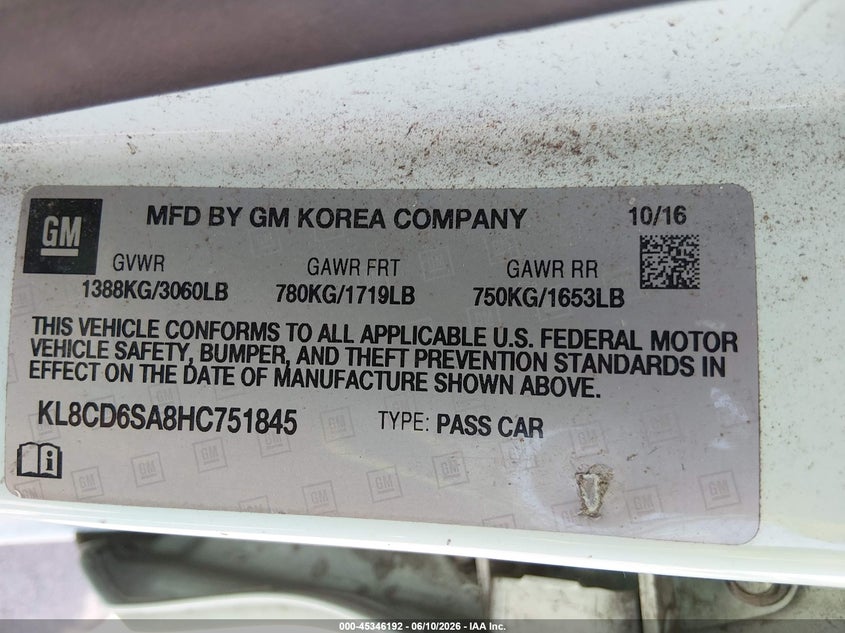 VIN KL8CD6SA8HC751845 2017 CHEVROLET SPARK 1LT CVT