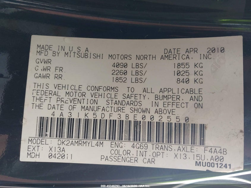 2011 Mitsubishi Eclipse Gs/Gs Sport VIN: 4A31K5DF3BE002550 Lot: 45346293