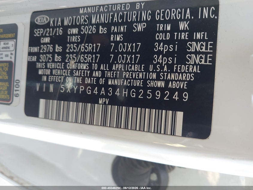 KIA SORENTO 2017 VIN 5XYPG4A34HG259249