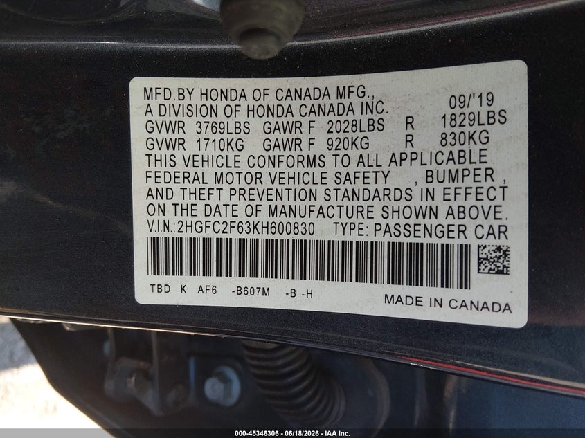 VIN 2HGFC2F63KH600830 2019 HONDA CIVIC LX