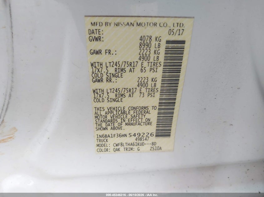 NISSAN TITAN XD 2017 VIN 1N6BA1F36HN549226