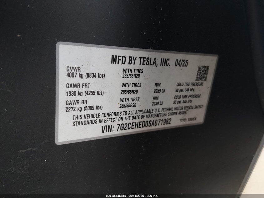 2025 Tesla Cybertruck All-Wheel Drive VIN: 7G2CEHED0SA071982 Lot: 45346384