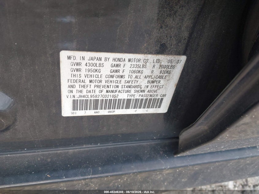2007 Acura Tsx VIN: JH4CL95827C021852 Lot: 45346388